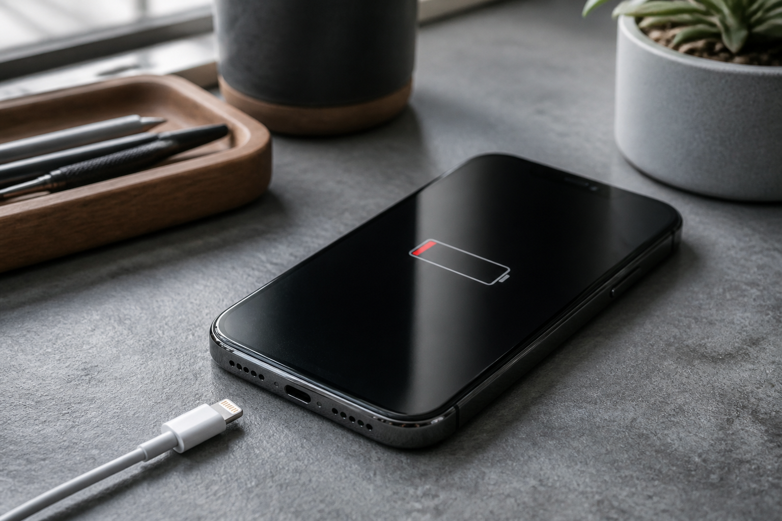 iPhone 13 Pro Max sobre una mesa con cable Lightning y batería baja