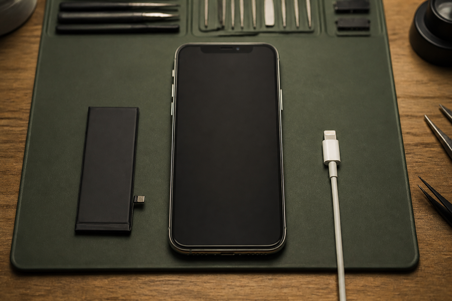 iPhone en el centro con cable Lightning ilustrando diagnóstico de batería o conector