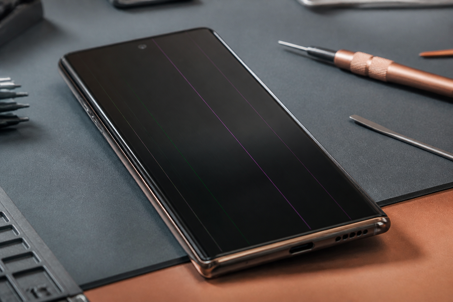 Pantalla de iPhone con líneas verticales de colores sobre esterilla de reparación