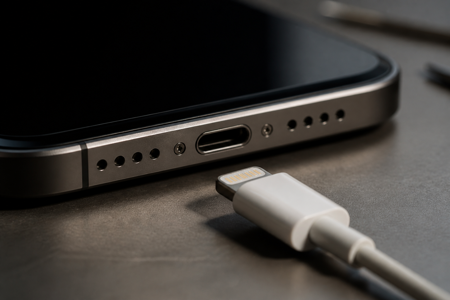 Detalle del puerto Lightning de un iPhone con cable de carga