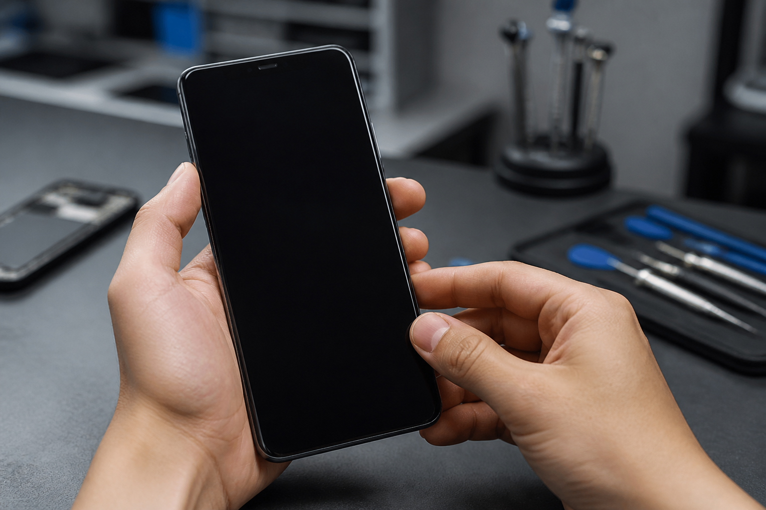 Persona sosteniendo un iPhone con la pantalla completamente negra