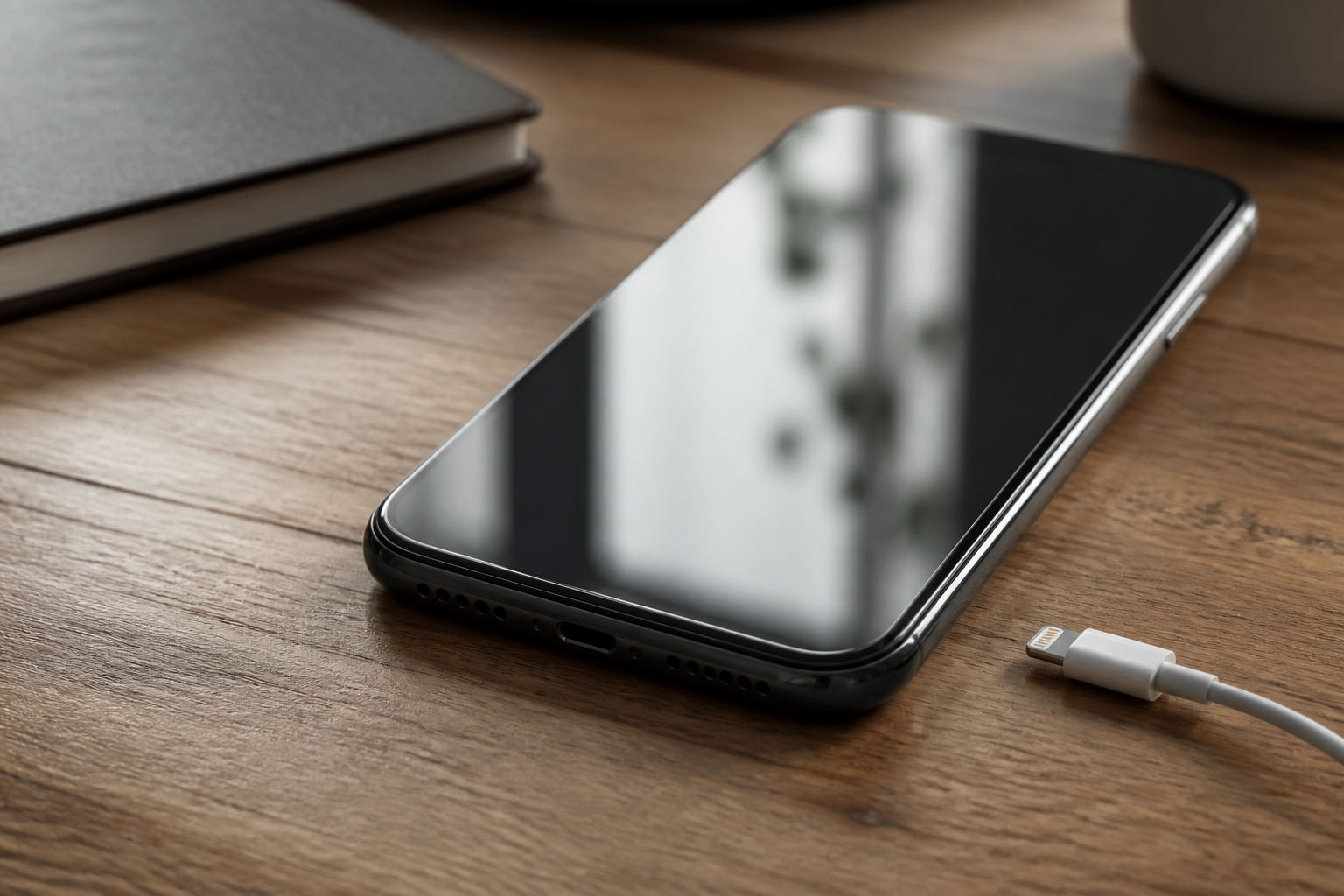iPhone 14 Pro Max sobre una mesa con cable Lightning y batería baja