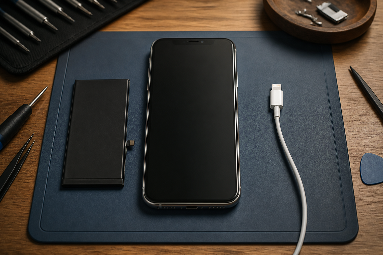 iPhone en el centro con cable Lightning ilustrando diagnóstico de batería o conector