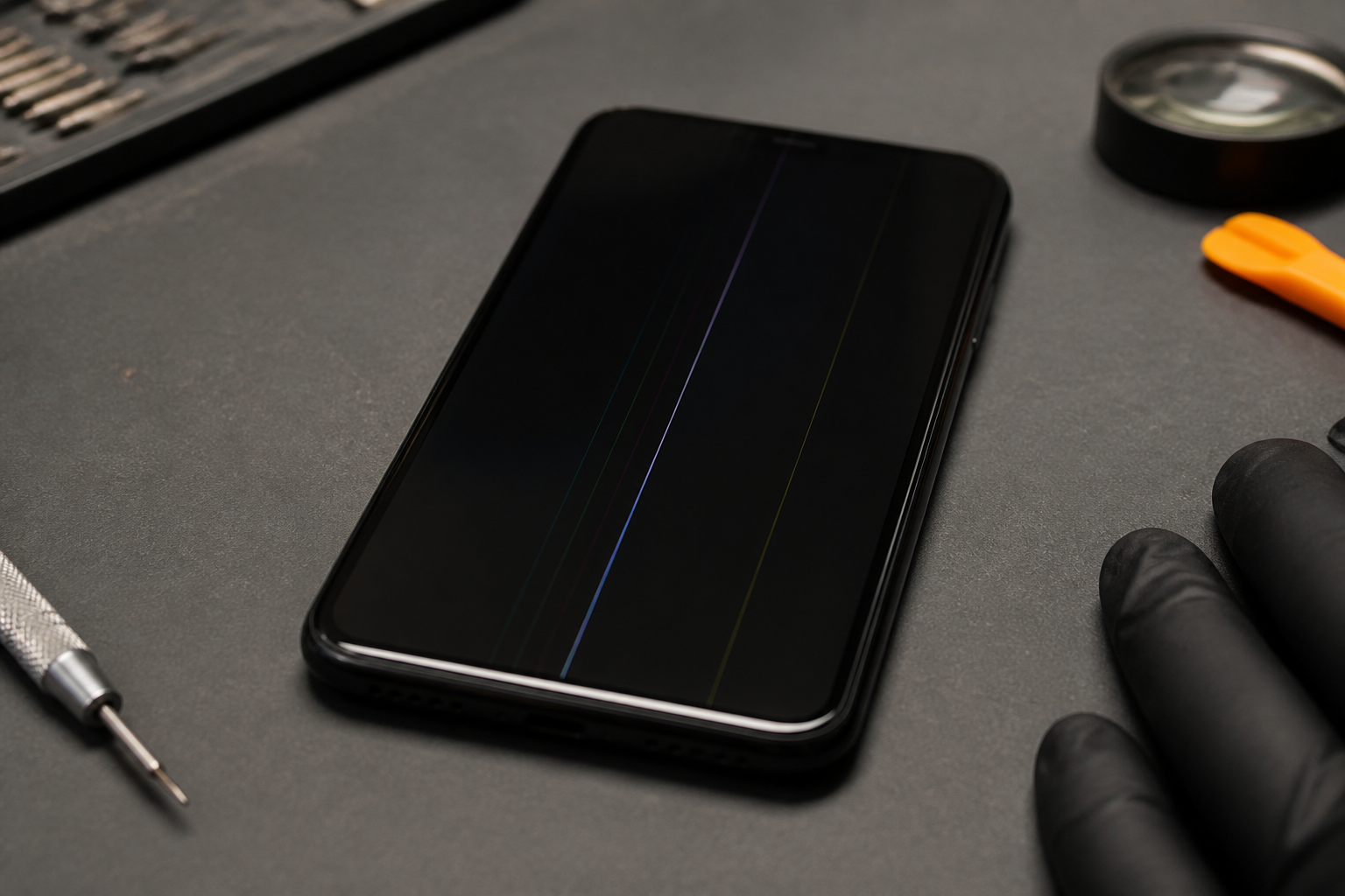 Pantalla de iPhone con líneas verticales de colores sobre esterilla de reparación