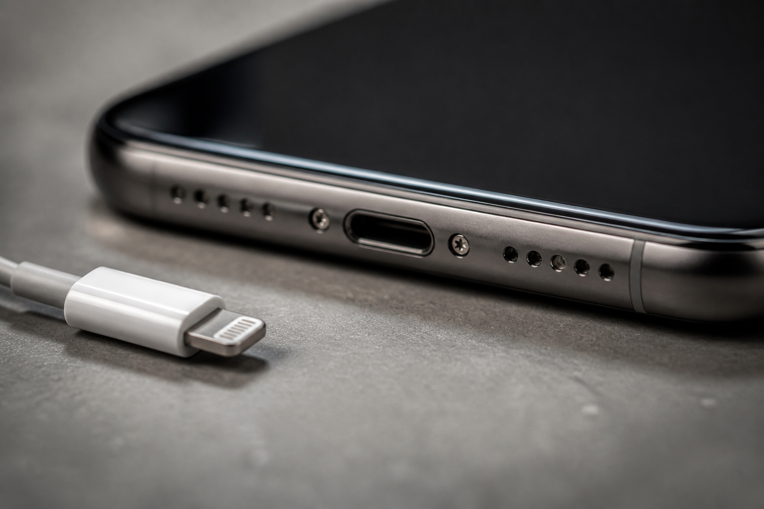 Detalle del puerto Lightning de un iPhone con cable de carga