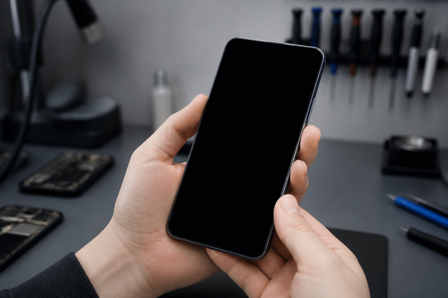 Persona sosteniendo un iPhone con la pantalla completamente negra
