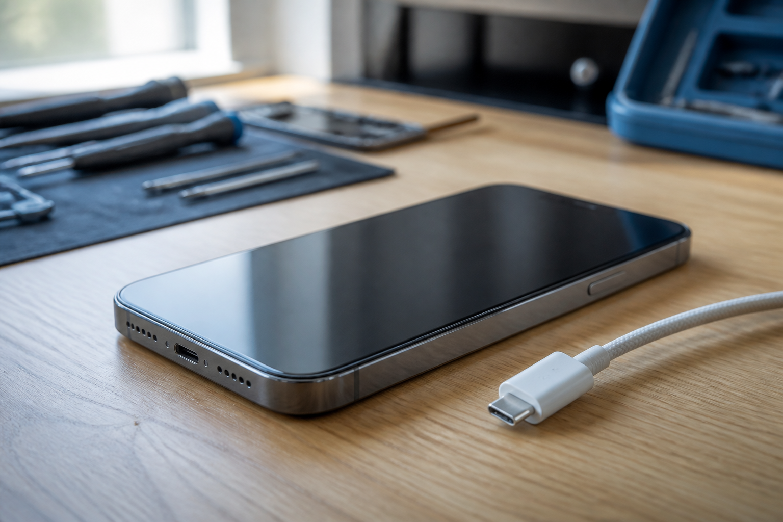 iPhone 15 Pro Max sobre una mesa con cable USB-C y batería baja