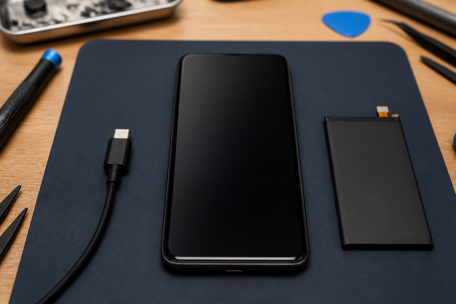 iPhone en el centro con cable de carga a un lado ilustrando diagnóstico de batería o conector