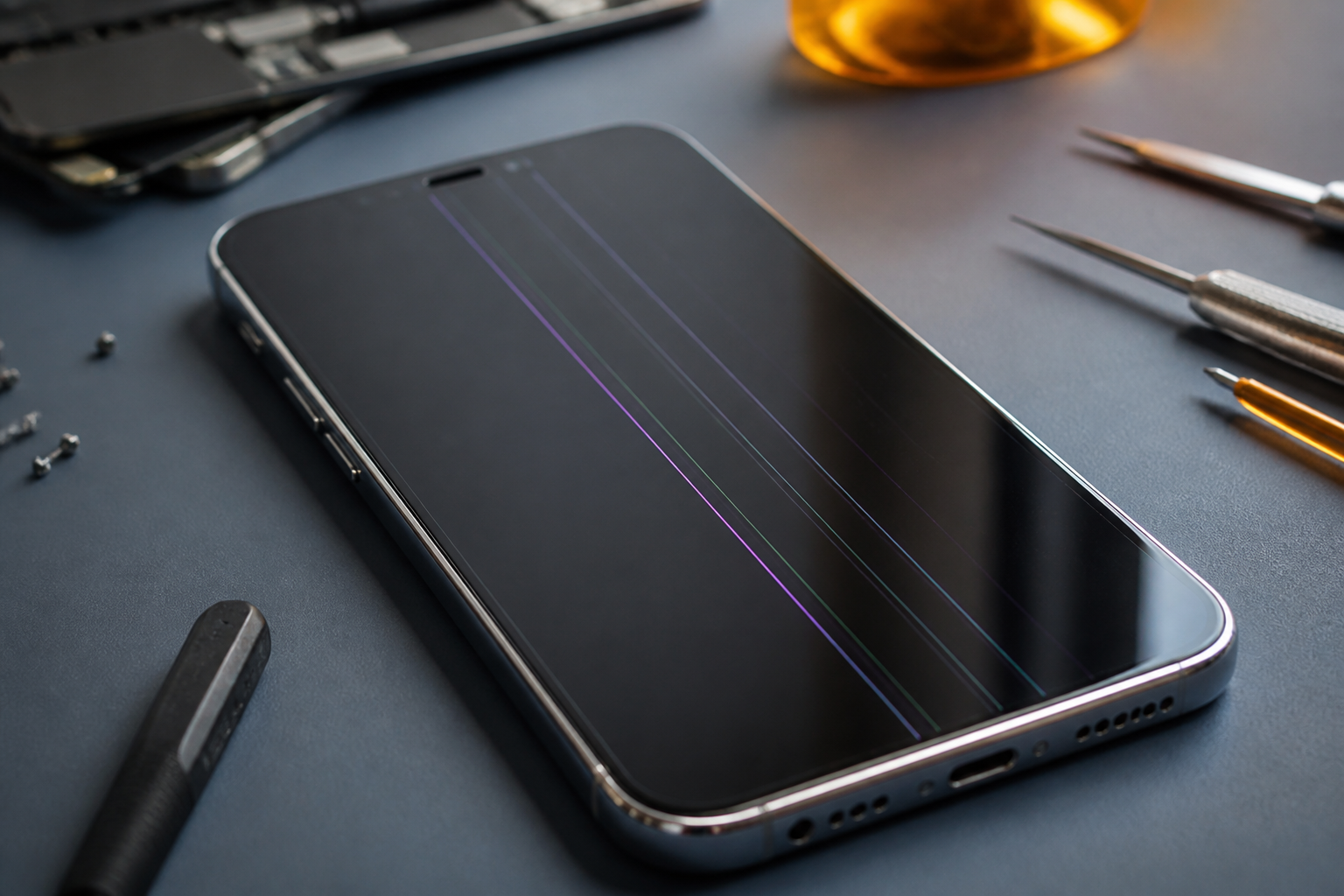 Pantalla de iPhone con líneas verticales de colores sobre esterilla de reparación