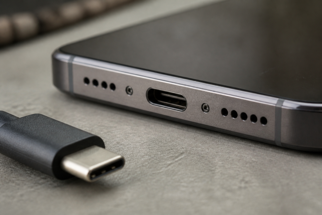 Detalle del puerto USB-C de un iPhone con cable de carga