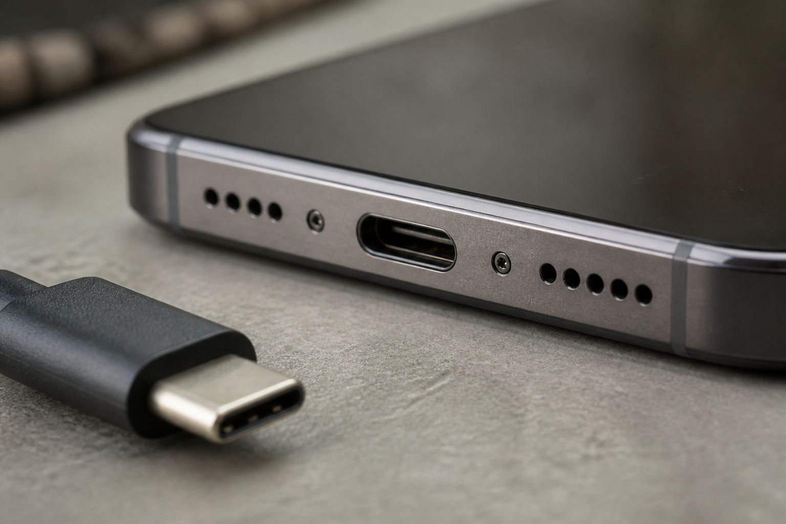 Detalle del puerto USB-C de un iPhone con cable de carga