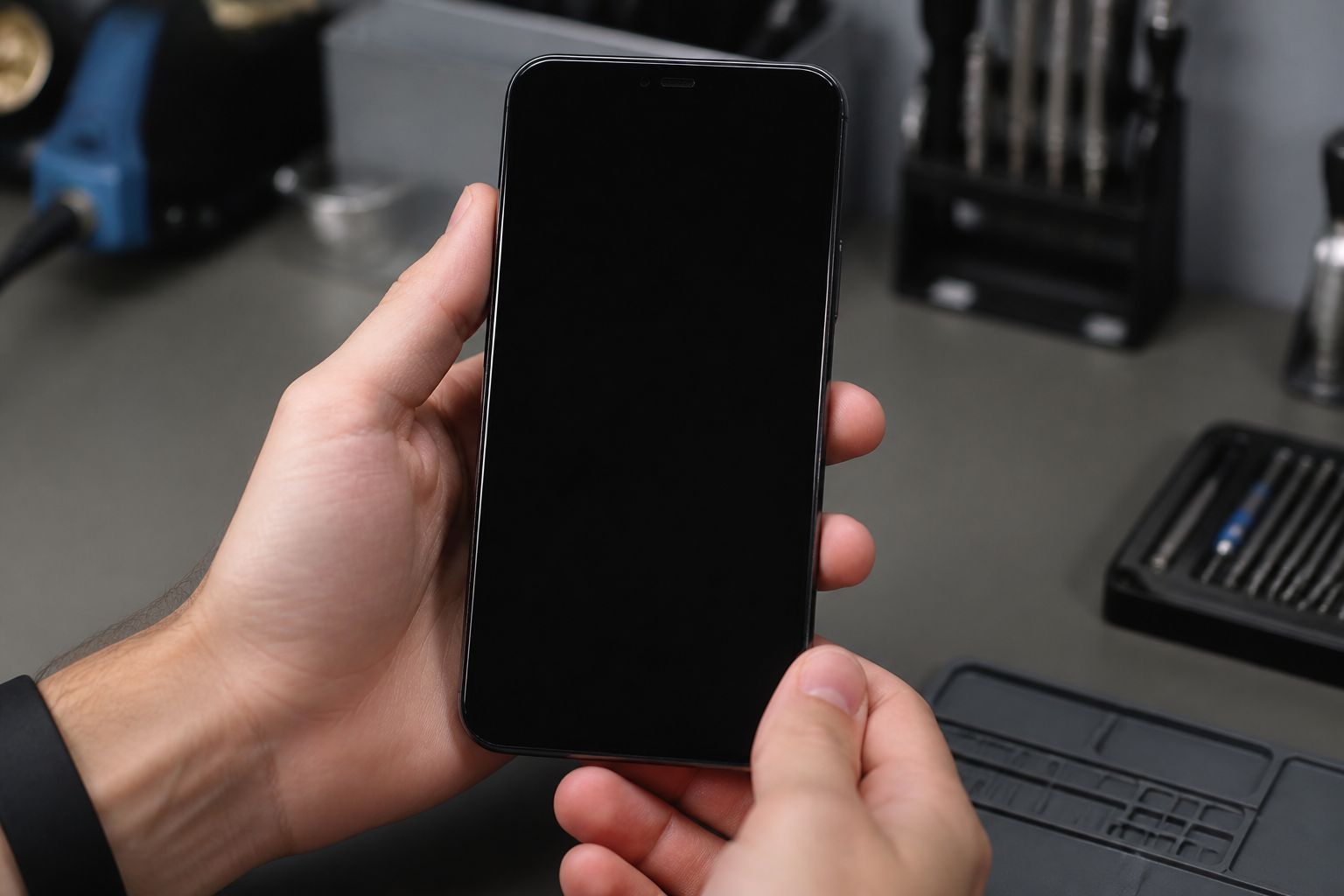 Persona sosteniendo un iPhone con la pantalla completamente negra