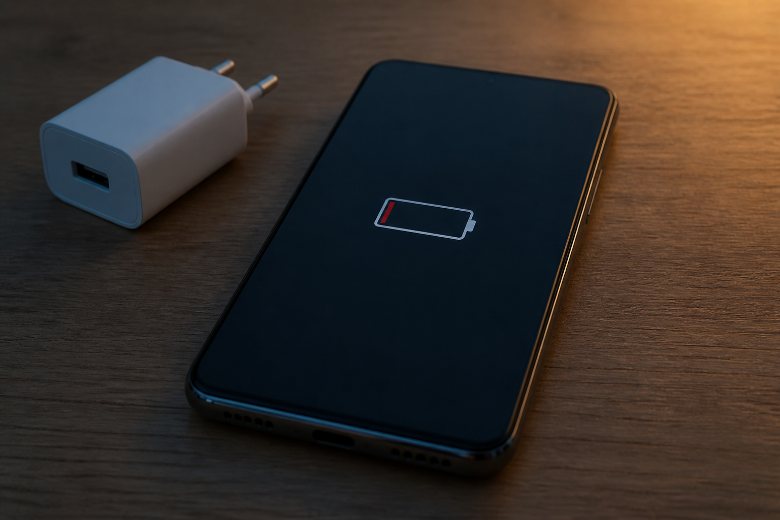 iPhone 16 Pro Max sobre una mesa con aviso de batería baja en pantalla