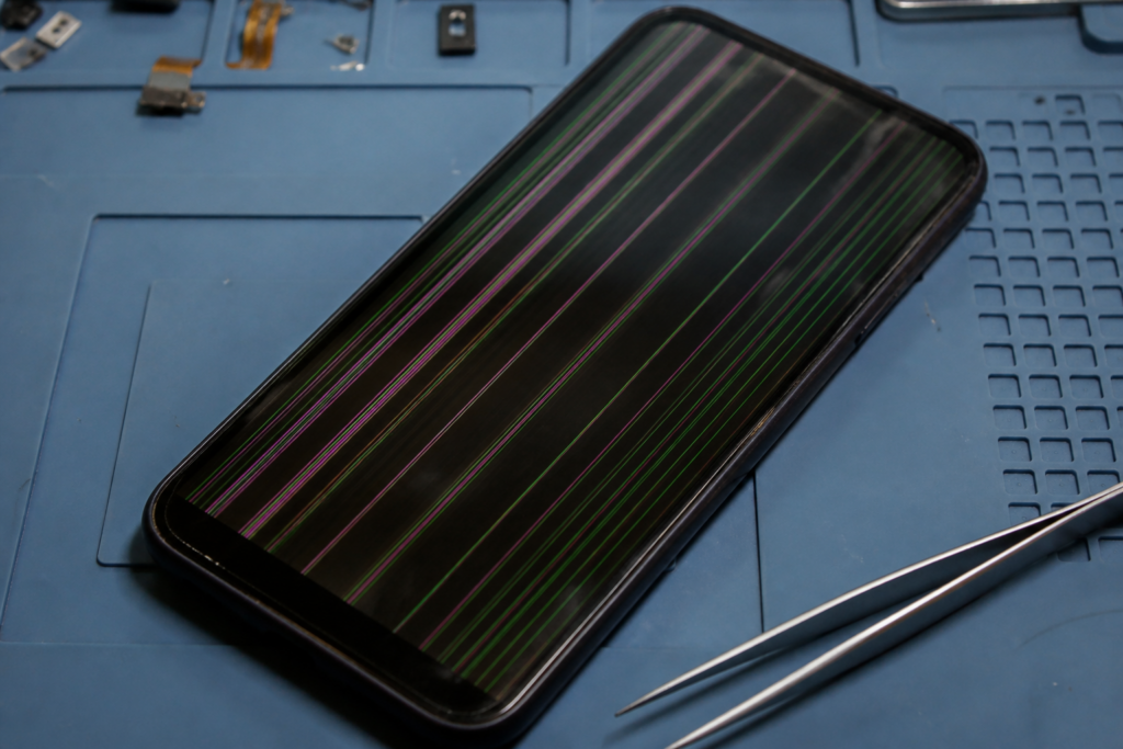 Pantalla de iPhone con líneas verticales de colores sobre esterilla de reparación