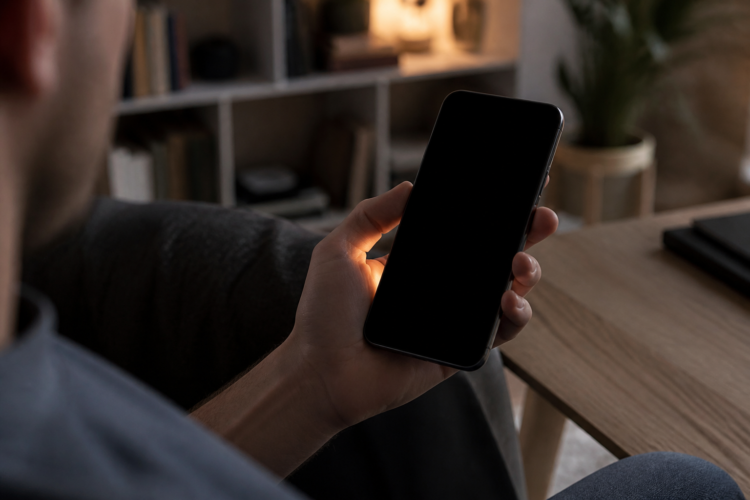 Persona sosteniendo un iPhone con la pantalla completamente negra