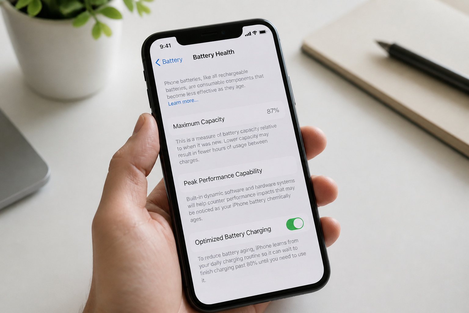 Pantalla de iPhone mostrando el estado de salud de la batería