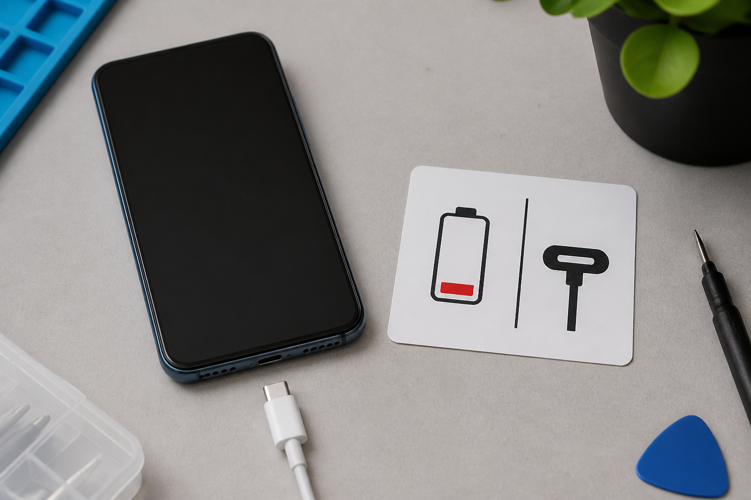 iPhone junto a un cable de carga sobre una mesa de trabajo