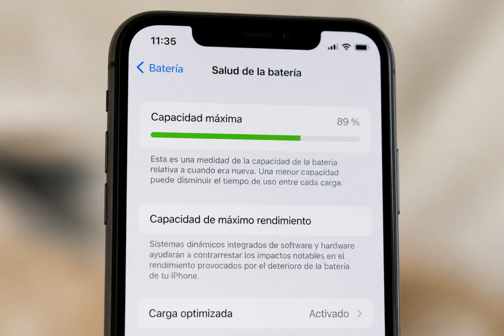 Pantalla de iPhone mostrando información de salud y capacidad de batería