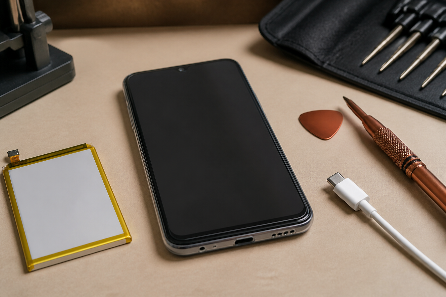 Moto G05 en el centro con cable USB-C ilustrando diagnóstico de batería o conector