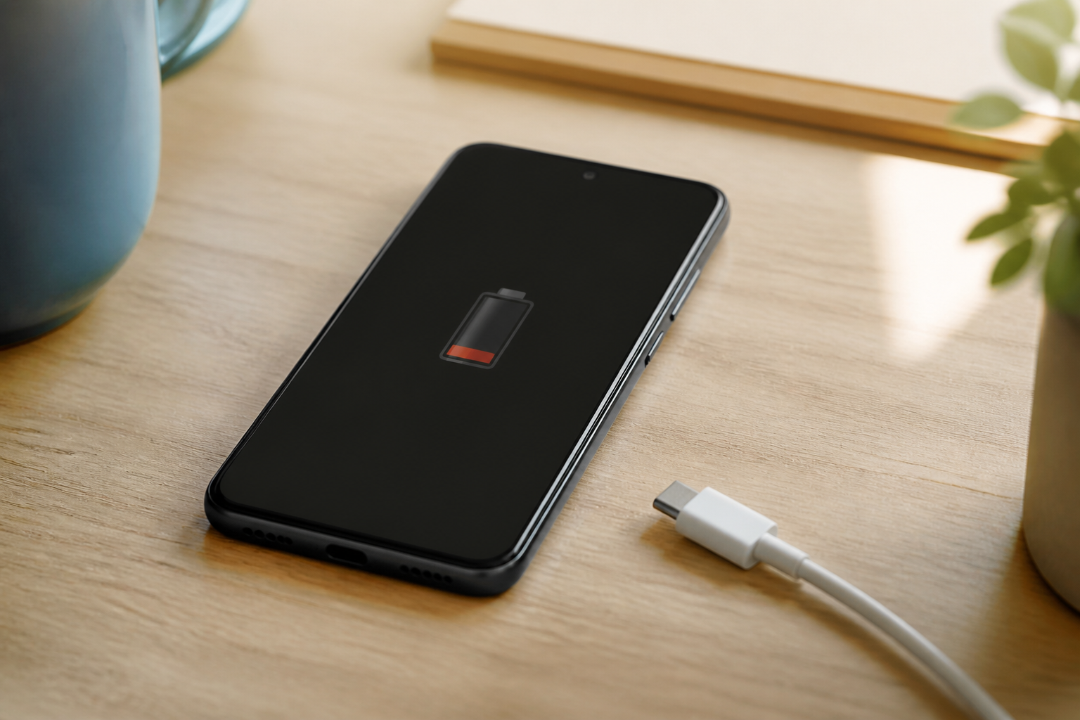 Motorola Moto G05 sobre una mesa con cable USB-C y batería baja