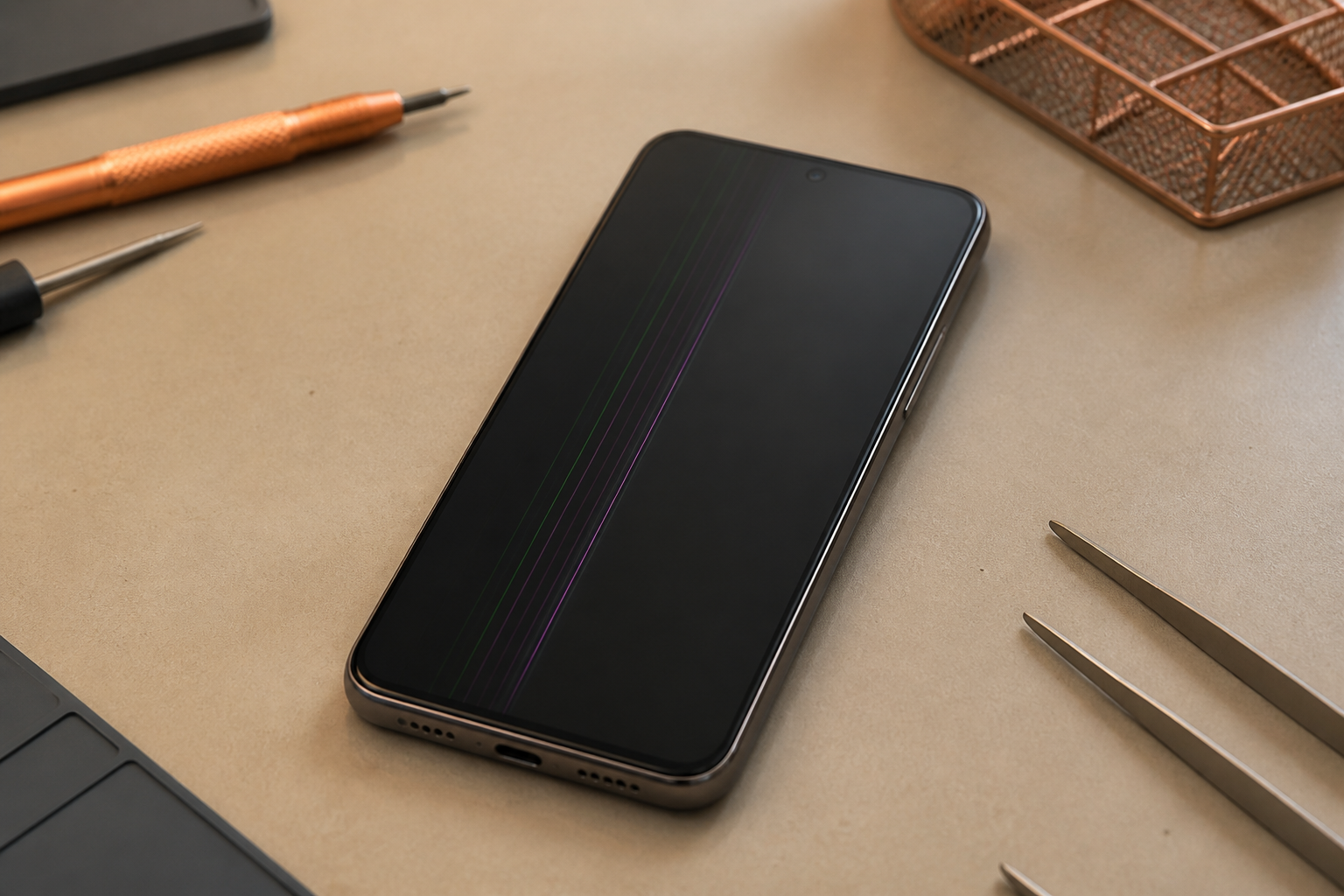 Pantalla de Moto G05 con líneas sobre esterilla de reparación