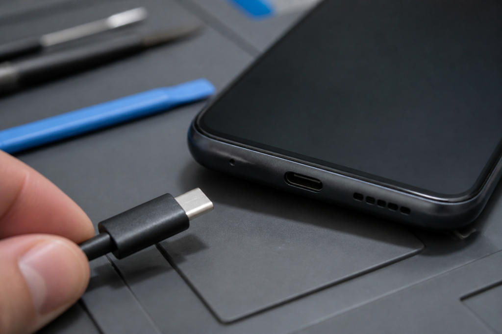 Detalle del puerto USB-C de un Moto G05 con cable de carga