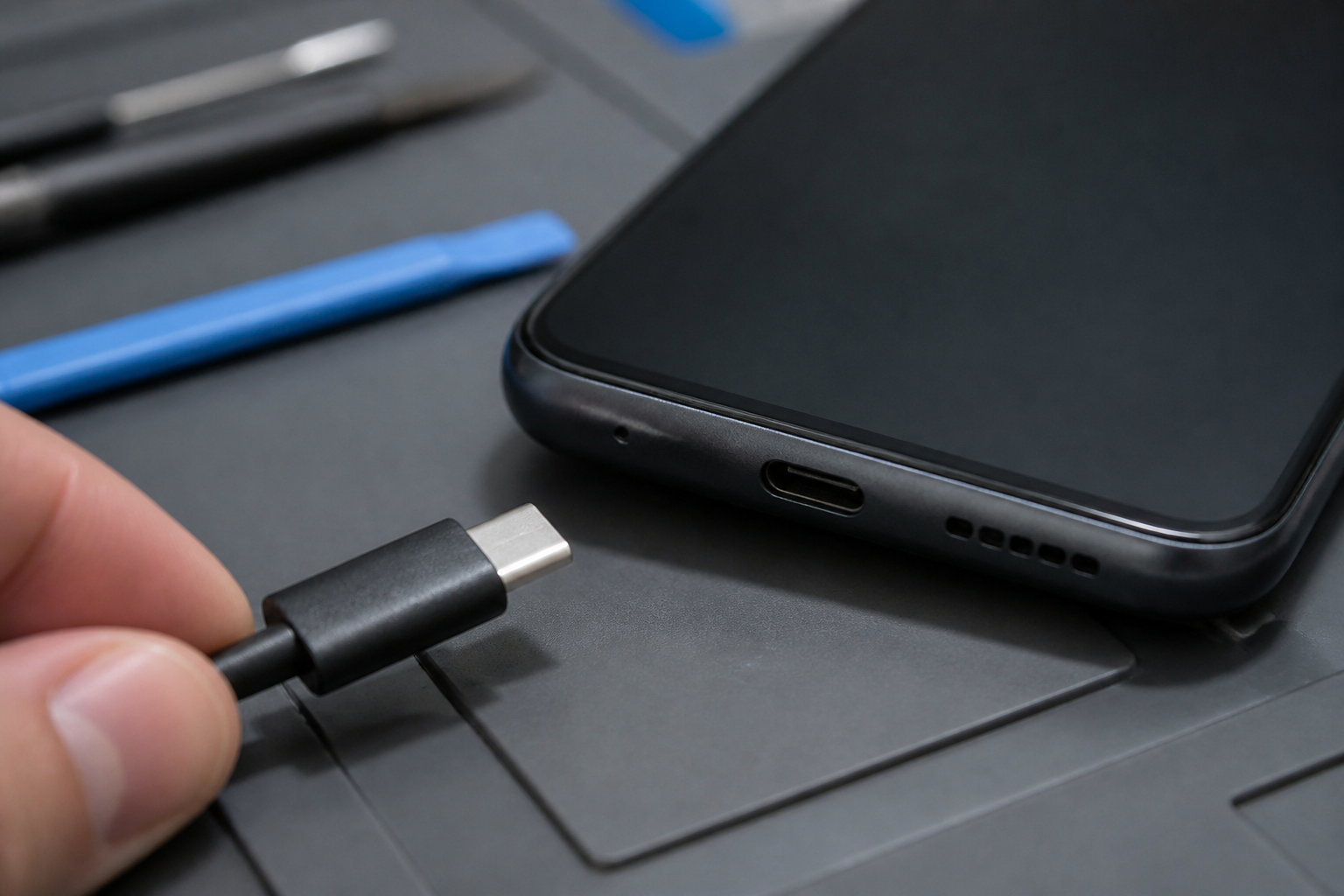 Detalle del puerto USB-C de un Moto G05 con cable de carga