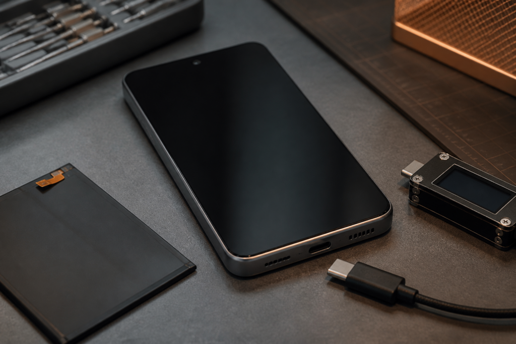 Moto G15 en el centro con cable USB-C ilustrando diagnóstico de batería o conector