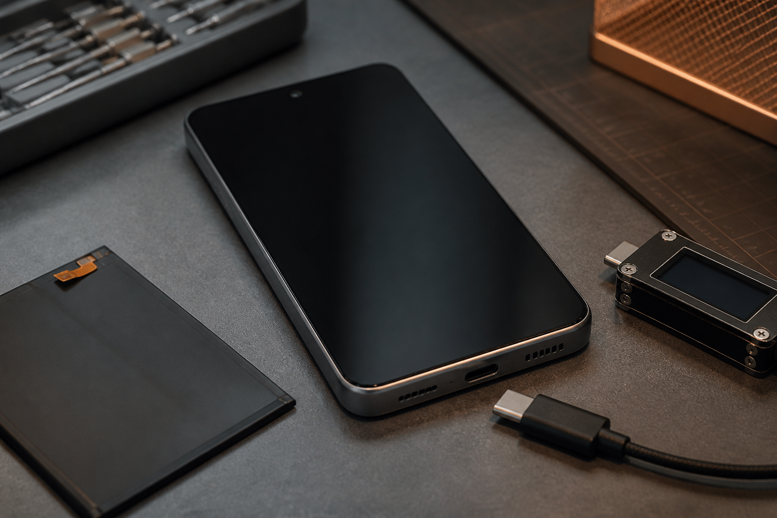Moto G15 en el centro con cable USB-C ilustrando diagnóstico de batería o conector