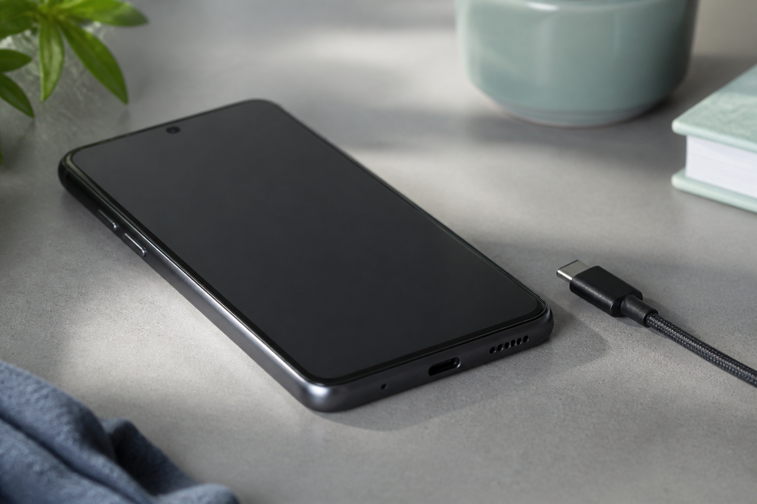 Motorola Moto G15 sobre una mesa con cable USB-C y batería baja