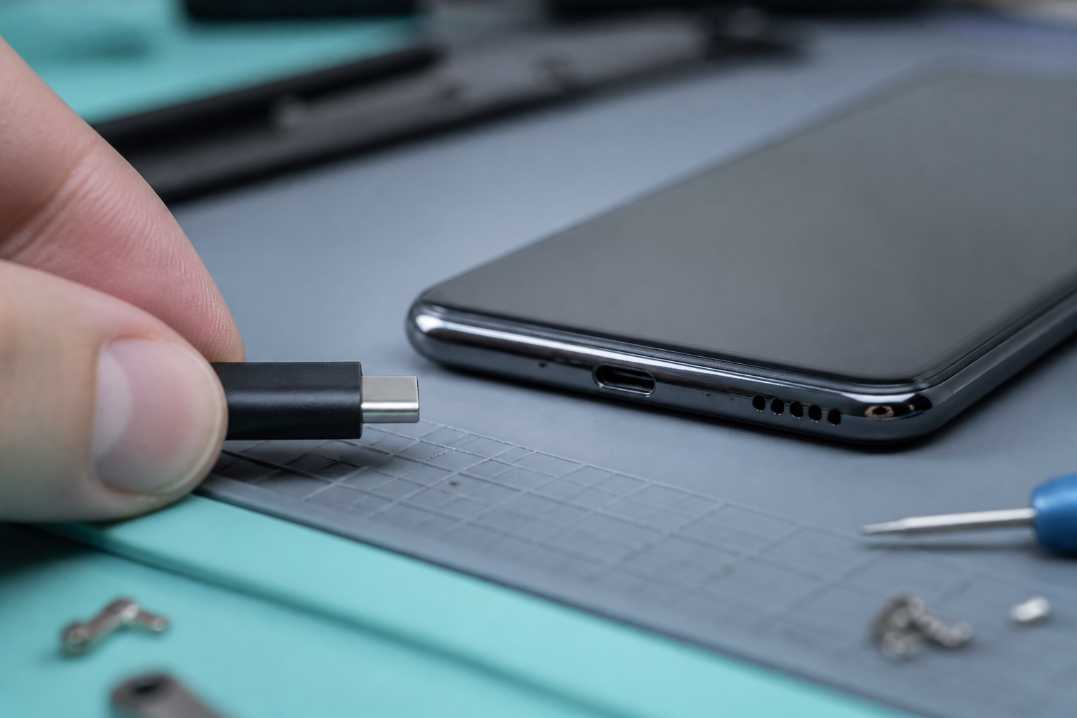 Detalle del puerto USB-C de un Moto G15 con cable de carga