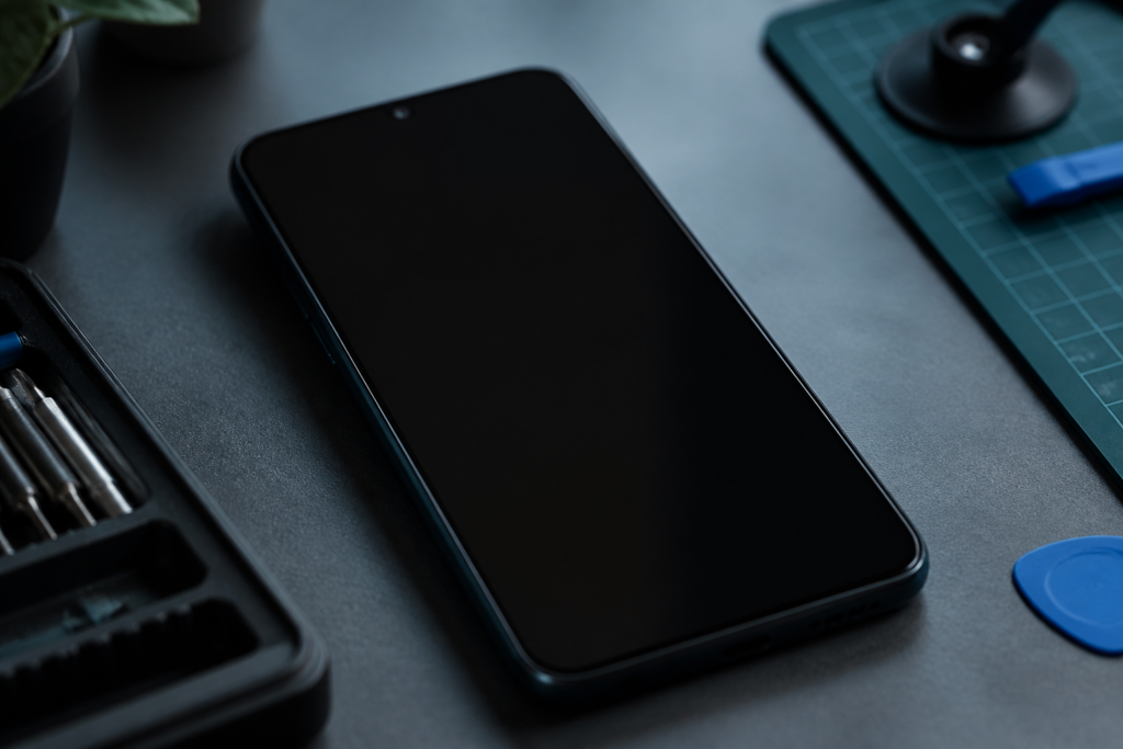 Persona sosteniendo un Moto G15 con la pantalla completamente negra