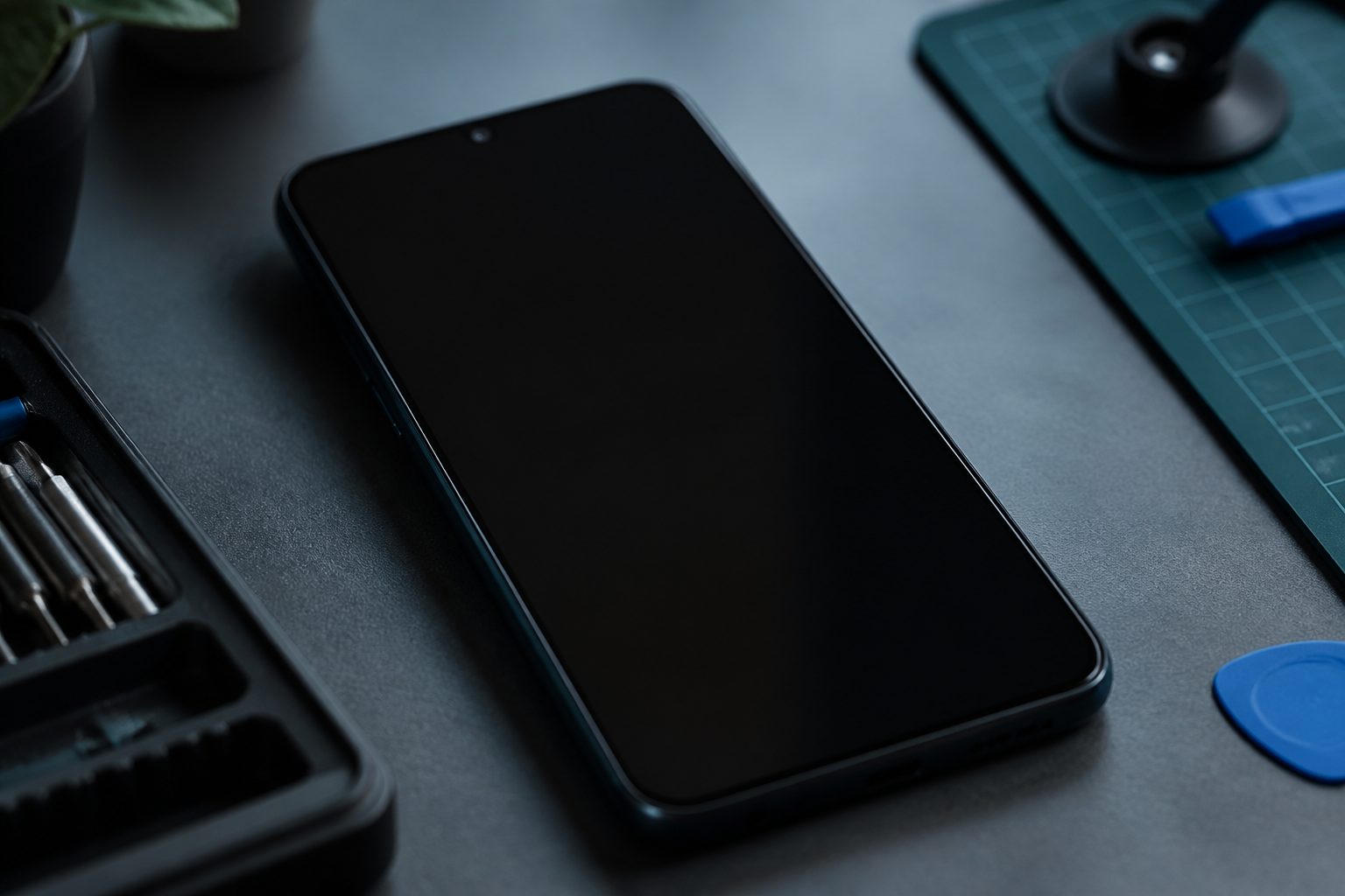 Persona sosteniendo un Moto G15 con la pantalla completamente negra
