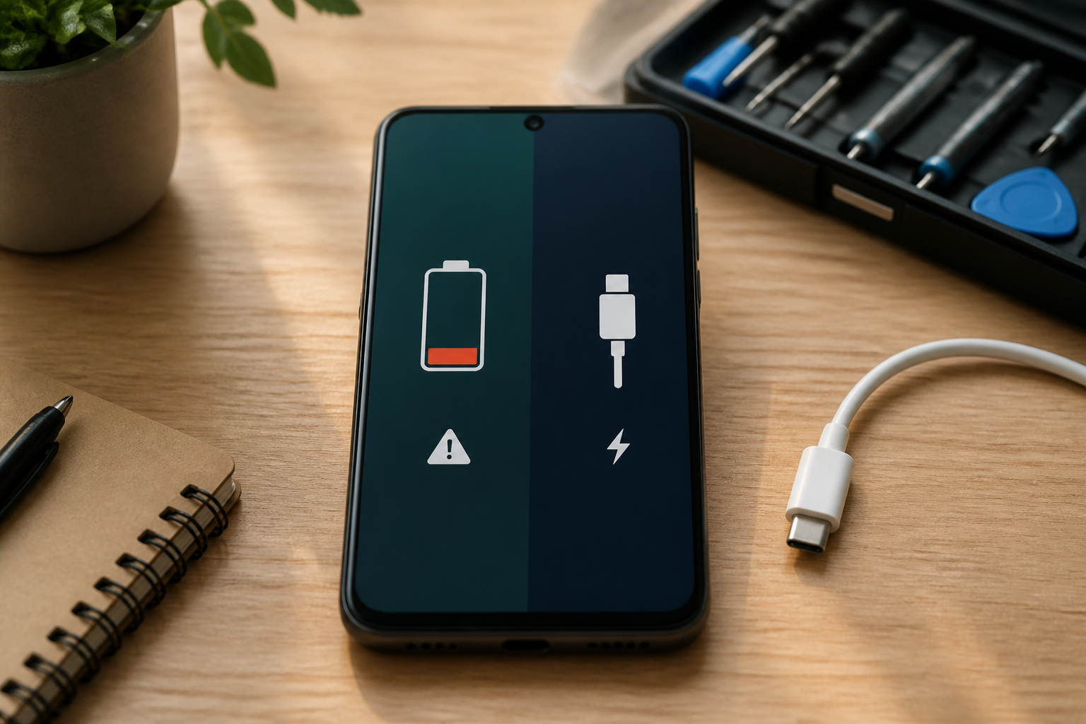 Moto G35 5G en el centro con cable USB-C ilustrando diagnóstico de batería o conector