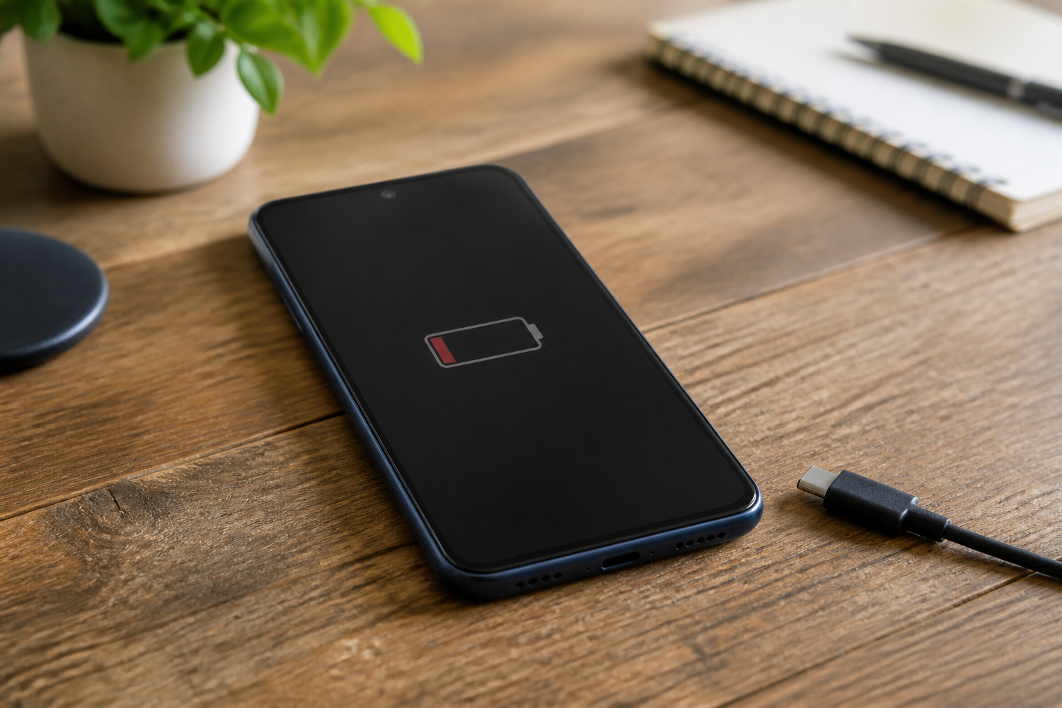 Motorola Moto G35 5G sobre una mesa con cable USB-C y batería baja