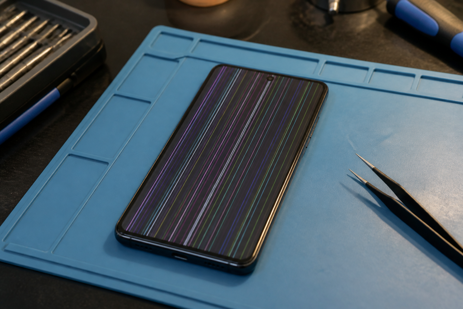 Pantalla de Moto G35 5G con líneas sobre esterilla de reparación