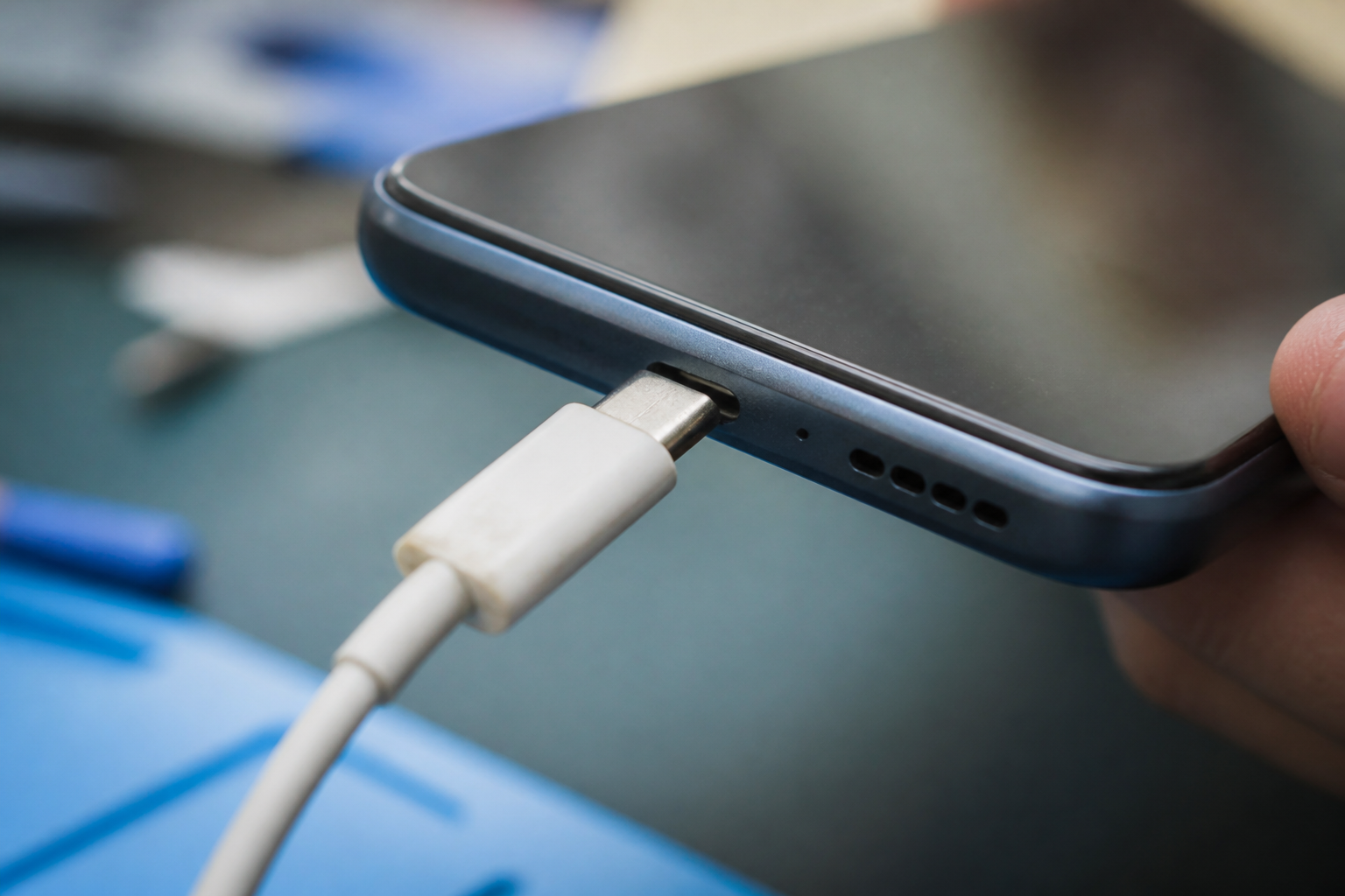 Detalle del puerto USB-C de un Moto G35 5G con cable de carga