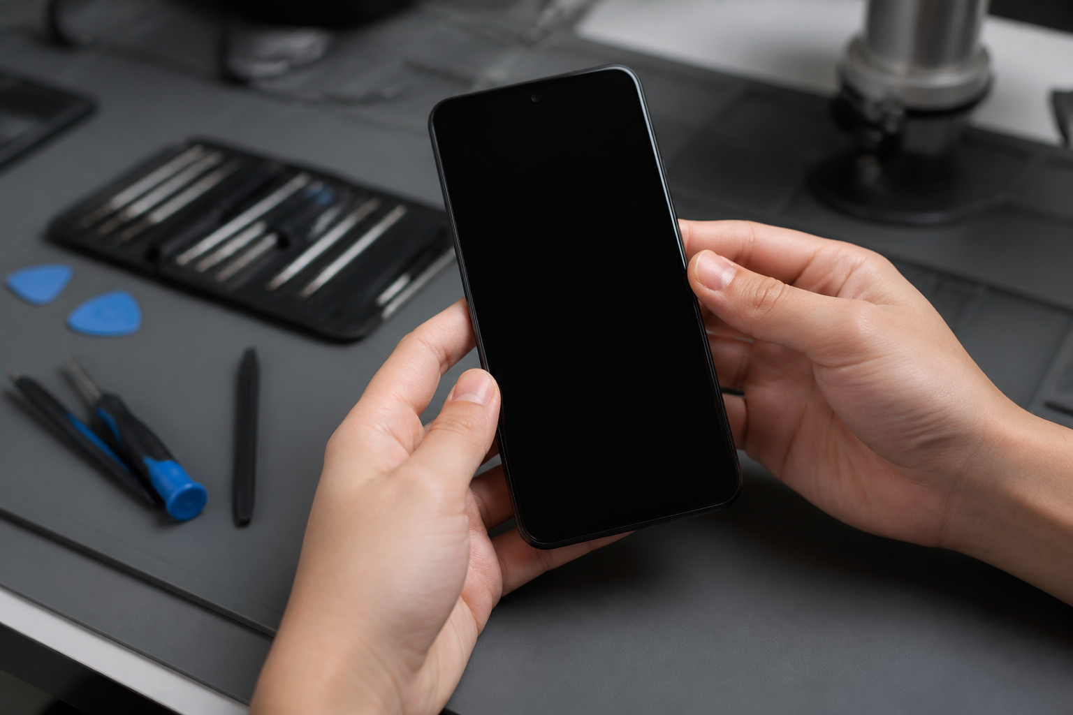 Persona sosteniendo un Moto G35 5G con la pantalla completamente negra