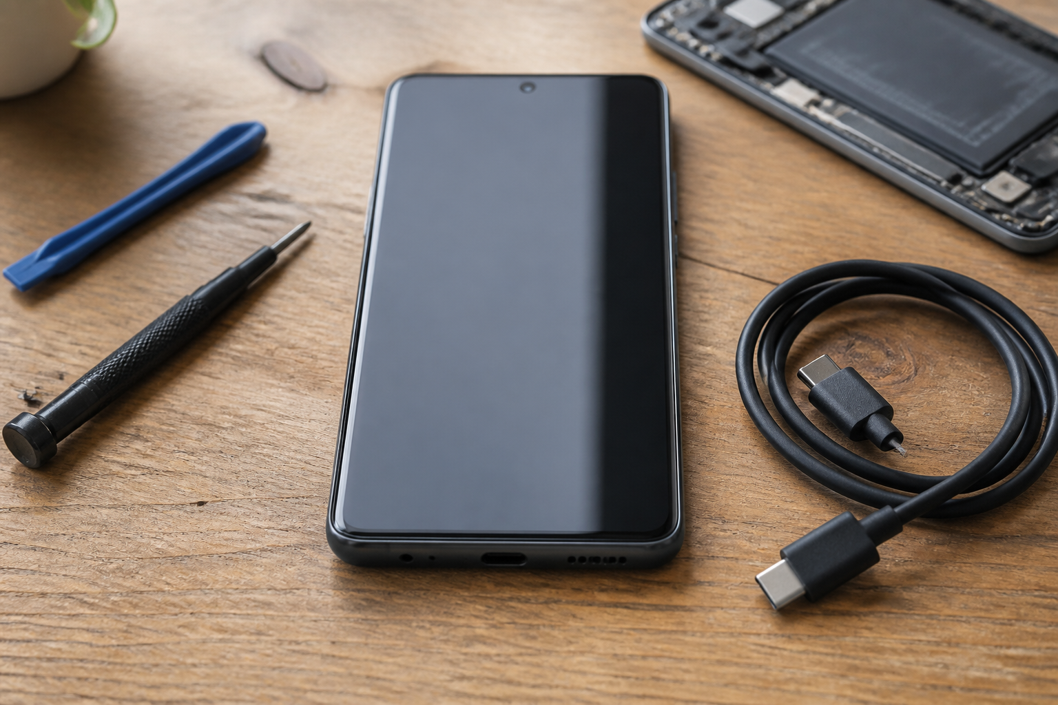 Moto G55 5G en el centro con cable USB-C ilustrando diagnóstico de batería o conector