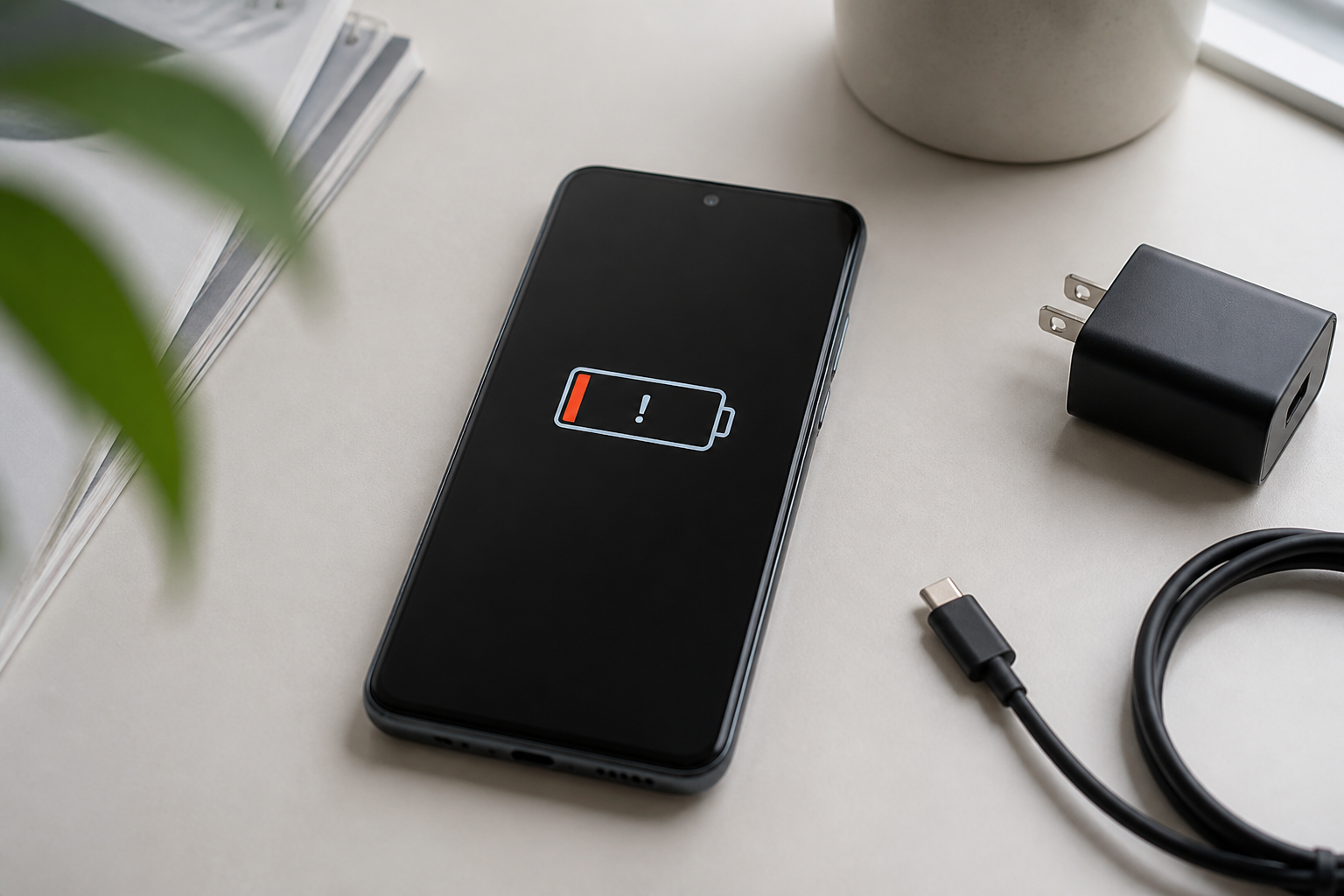 Motorola Moto G55 5G sobre una mesa con cable USB-C y batería baja