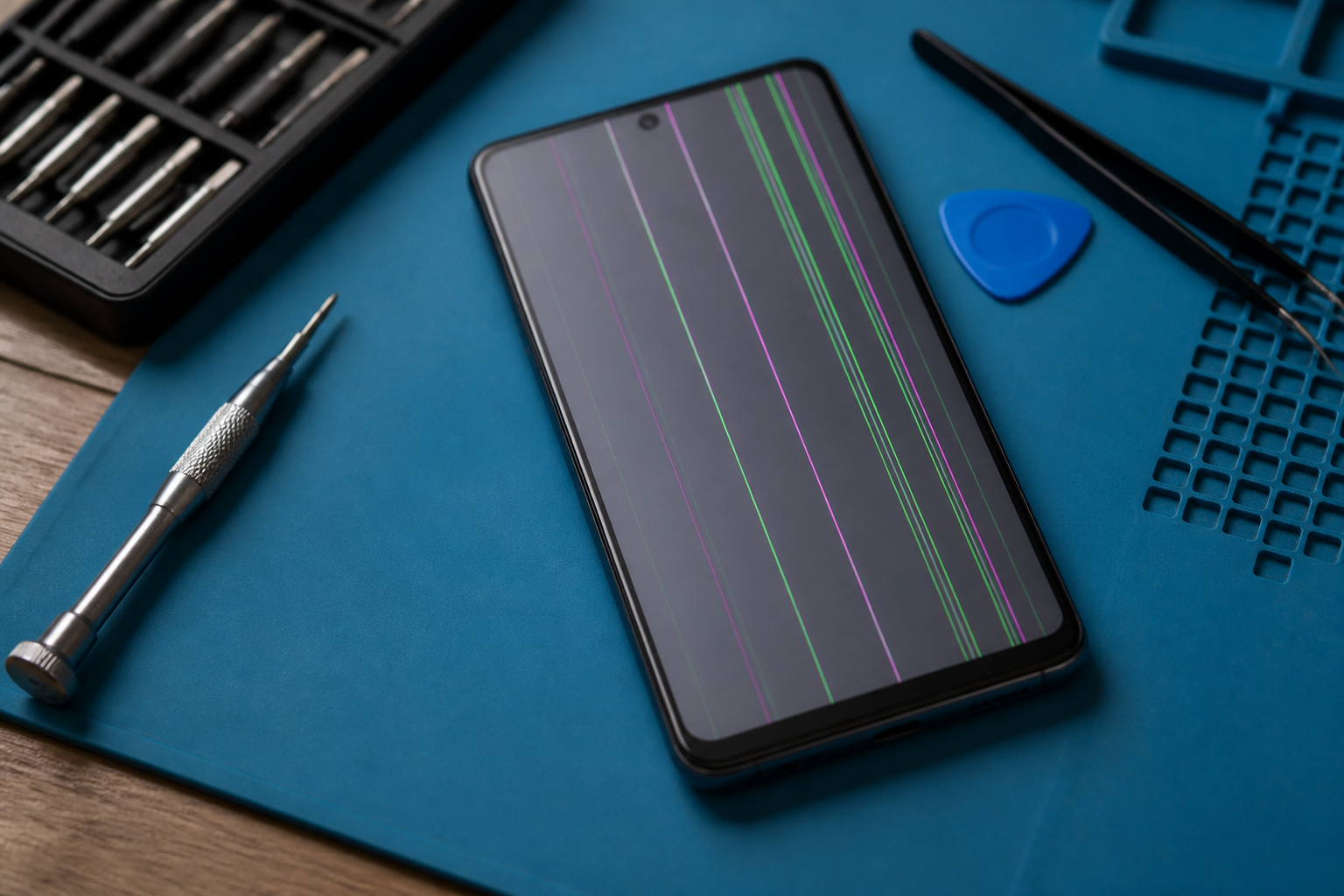 Pantalla de Moto G55 5G con líneas sobre esterilla de reparación