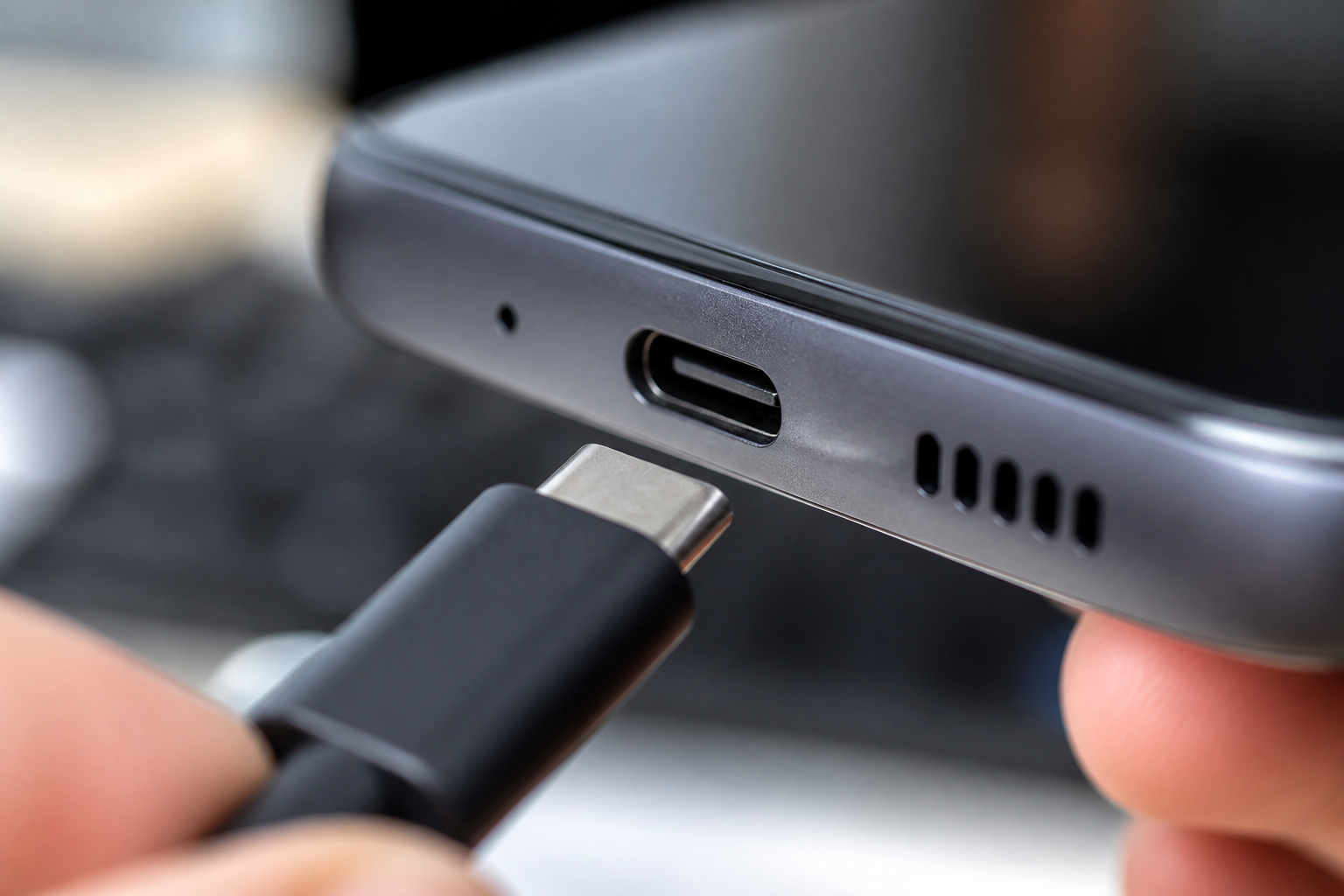 Detalle del puerto USB-C de un Moto G55 5G con cable de carga
