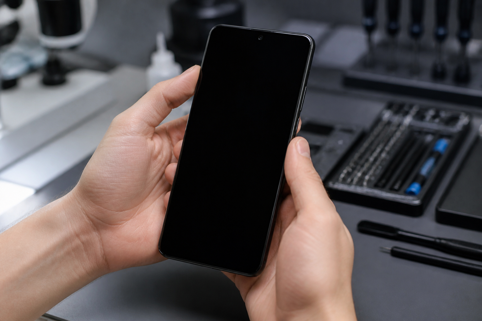Persona sosteniendo un Moto G55 5G con la pantalla completamente negra