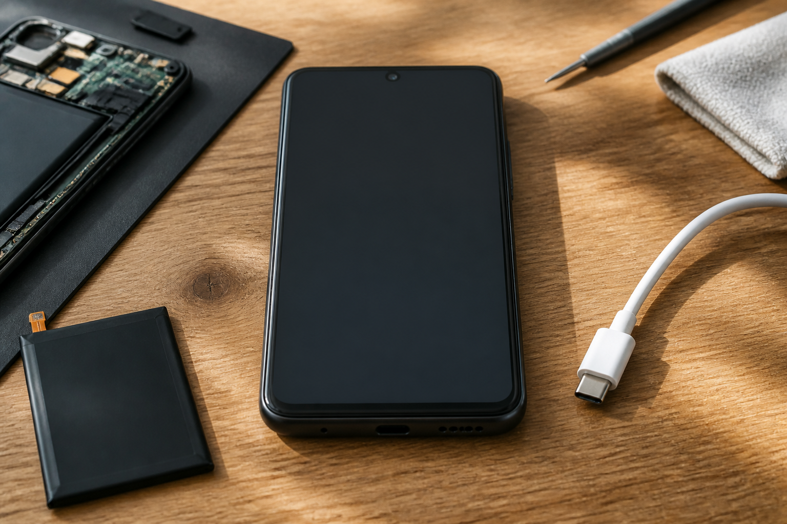 Moto G75 5G en el centro con cable USB-C ilustrando diagnóstico de batería o conector
