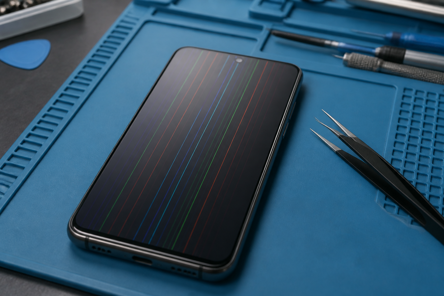 Pantalla de Moto G75 5G con líneas sobre esterilla de reparación