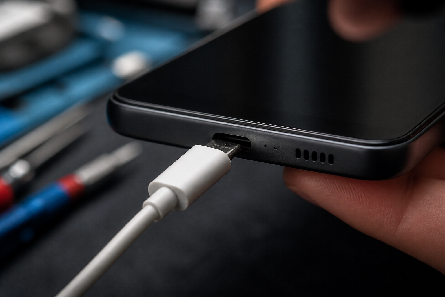 Detalle del puerto USB-C de un Moto G75 5G con cable de carga