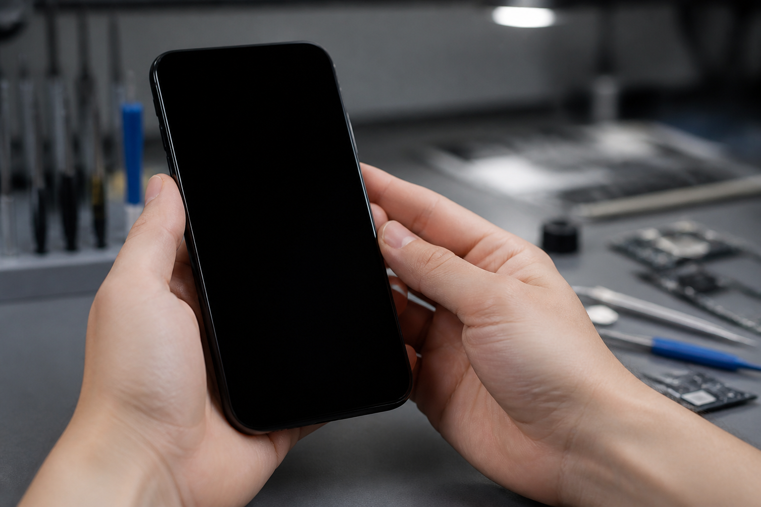 Persona sosteniendo un Moto G75 5G con la pantalla completamente negra