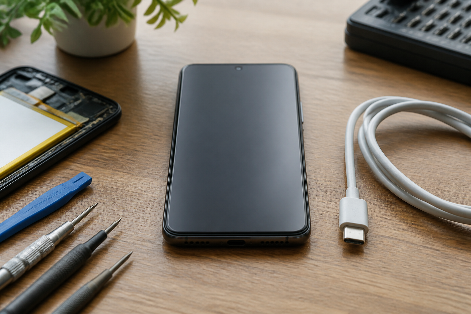 Moto G85 5G en el centro con cable USB-C ilustrando diagnóstico de batería o conector