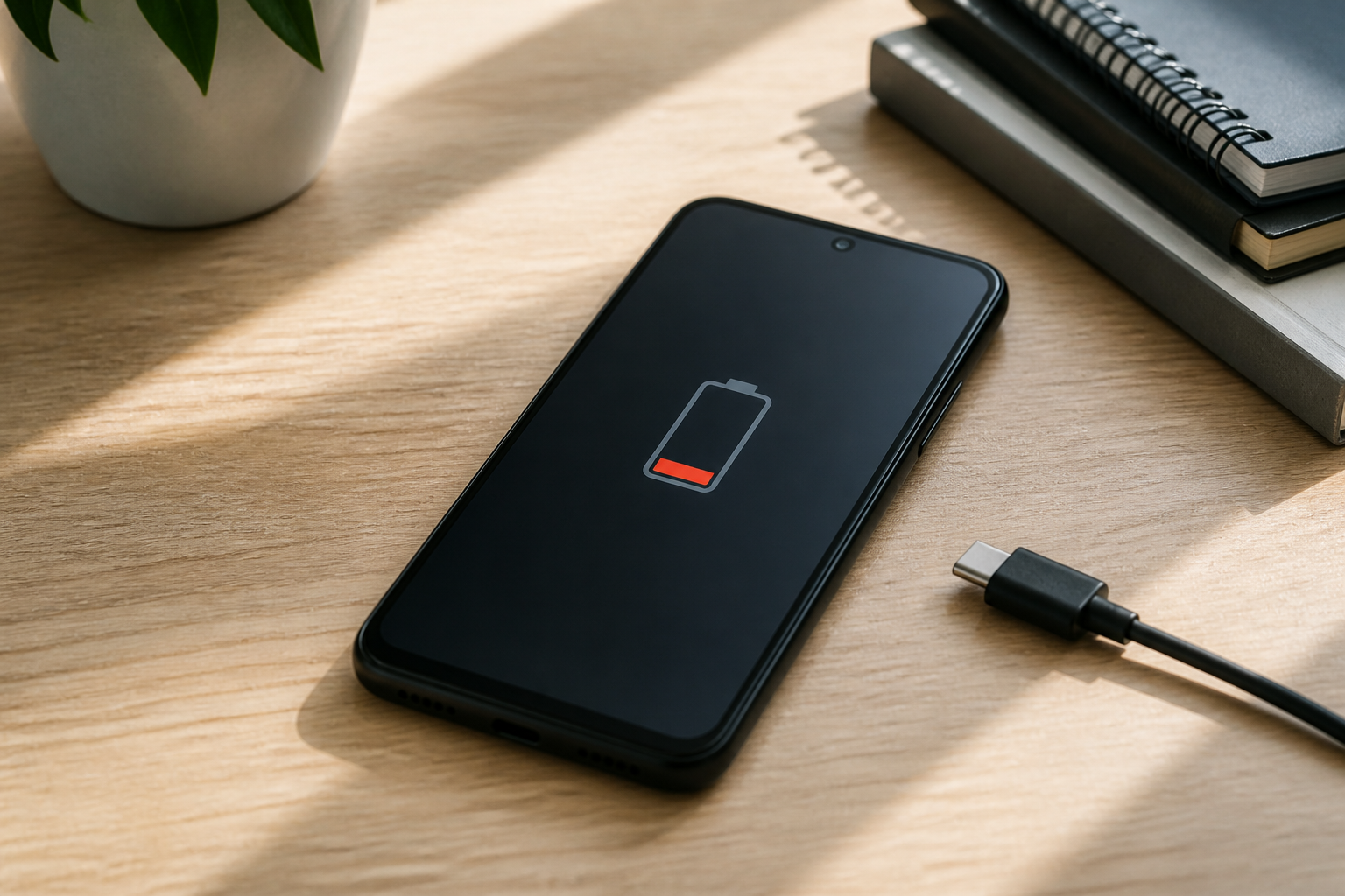 Motorola Moto G85 5G sobre una mesa con cable USB-C y batería baja
