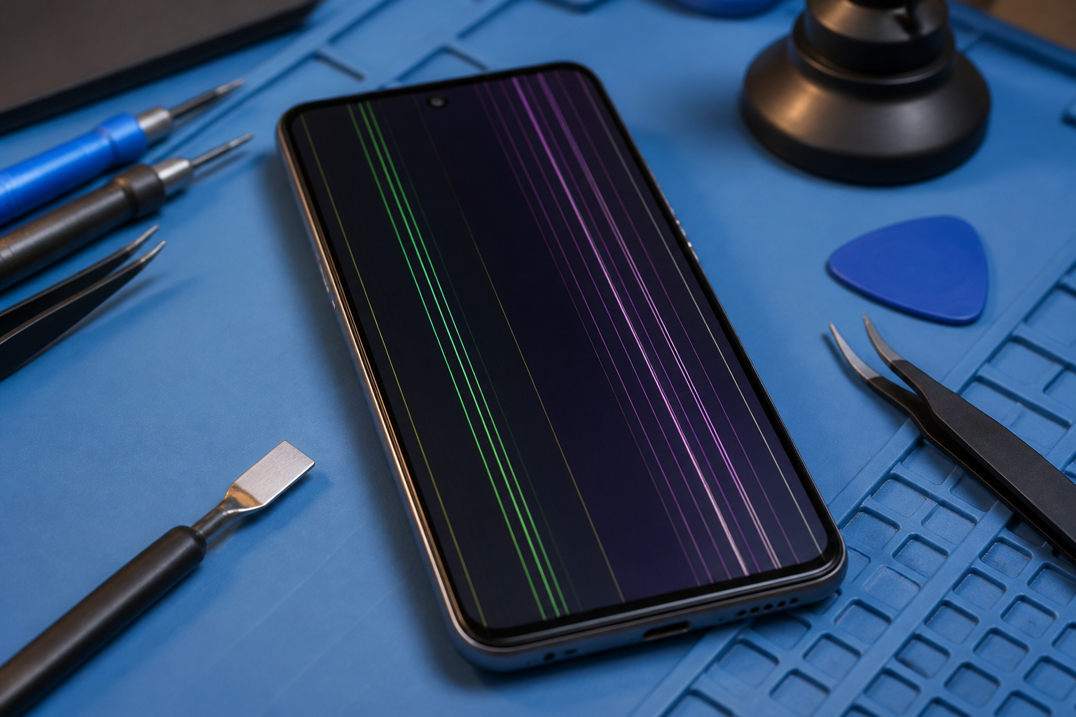 Pantalla de Moto G85 5G con líneas sobre esterilla de reparación